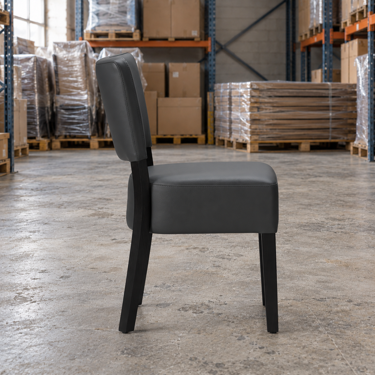 Restaurant Side Chair in Grey Upholstery with Black Steel Frame