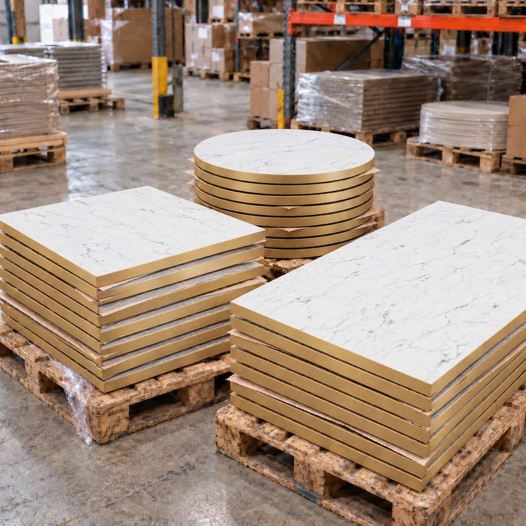 White Marble Effect 25mm Laminate Table Top – Gold Edge - Restaurant Table & Chairs Direct
