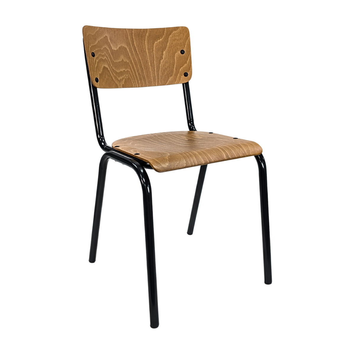 Oak lacquered plywood side chair with black metal frame