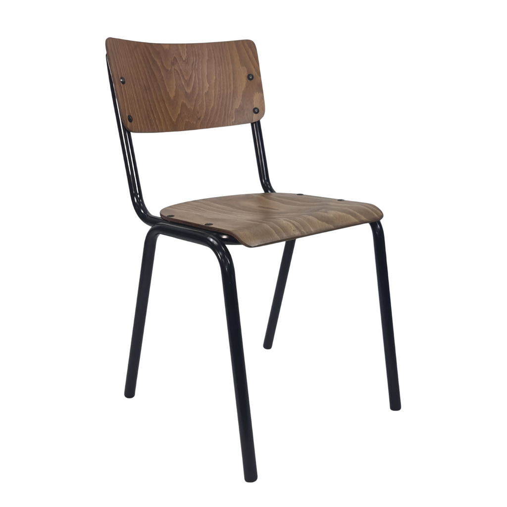 Walnut lacquered plywood side chair with black metal frame