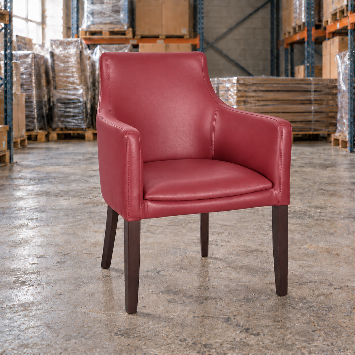 Maple Armchair in burgundy faux leather with dark wooden legs