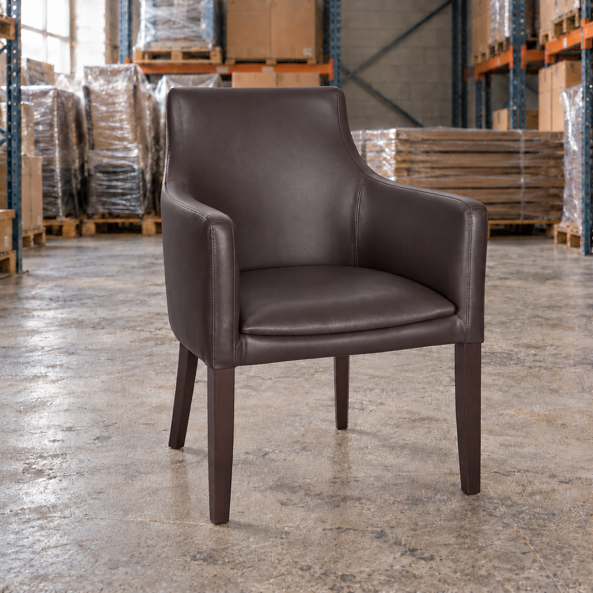 Maple Armchair in chocolate brown faux leather with dark wooden legs