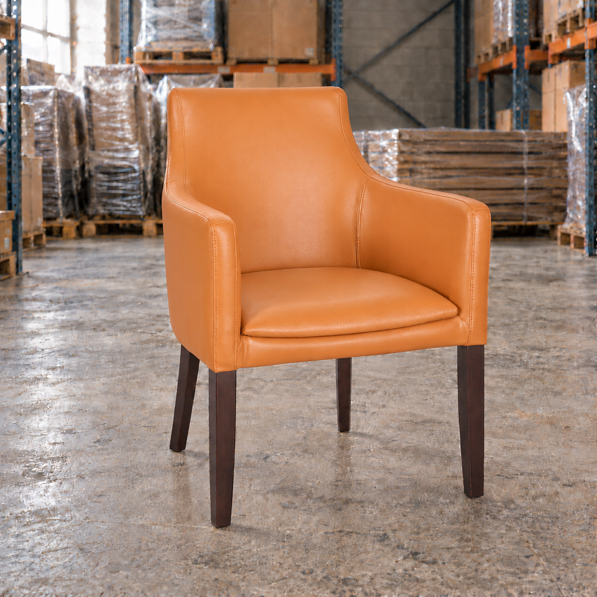 Maple Armchair in ochre faux leather with dark wooden legs