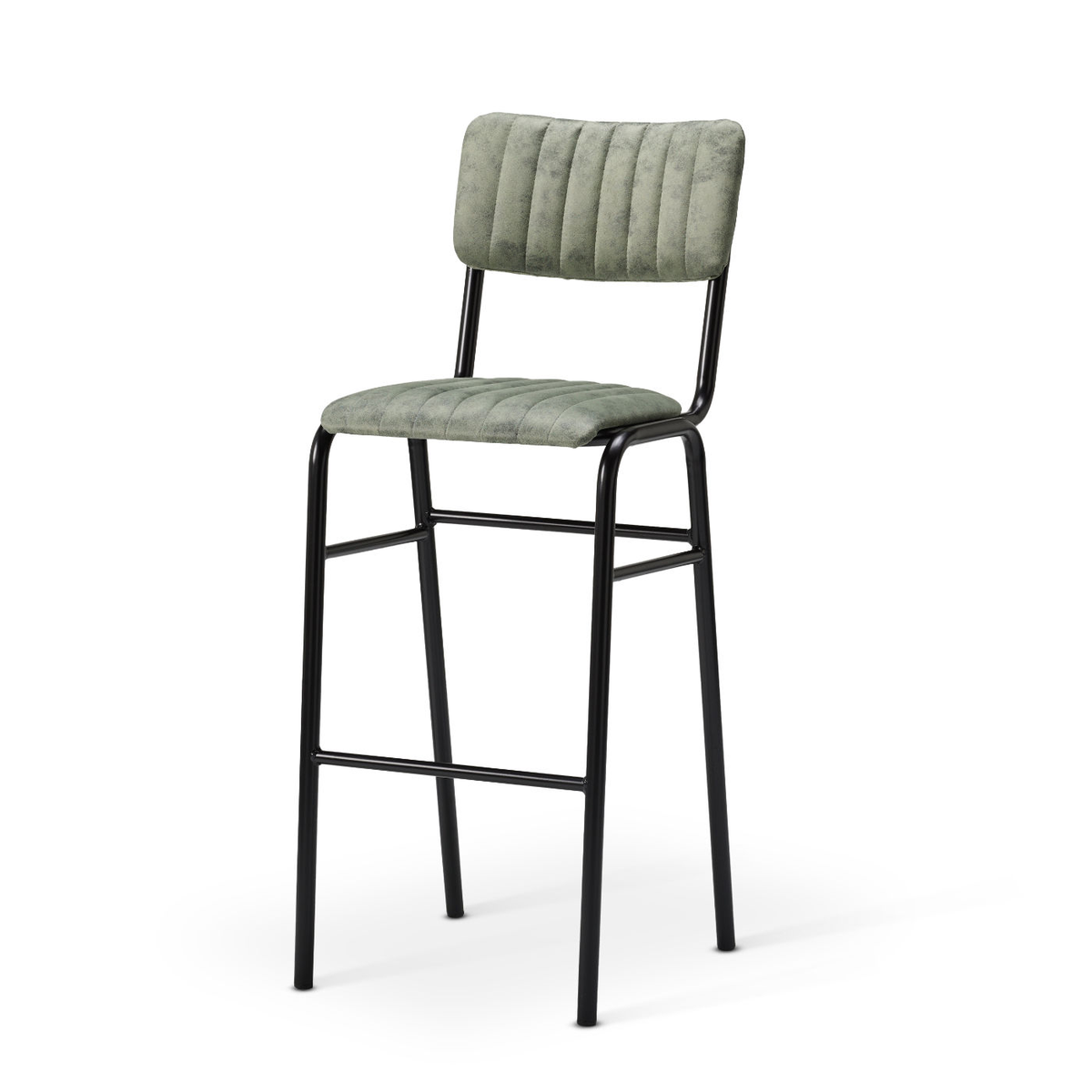Ribbed upholstered bar chair in Vintage Fern with black frame and footrest