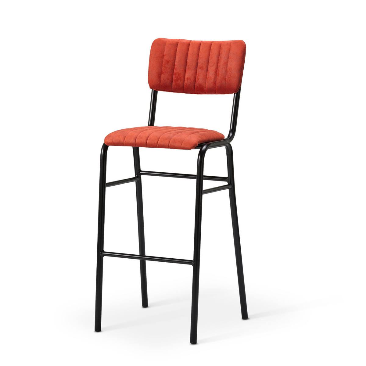 Ribbed upholstered bar chair in Vintage Tabasco with black frame and footrest