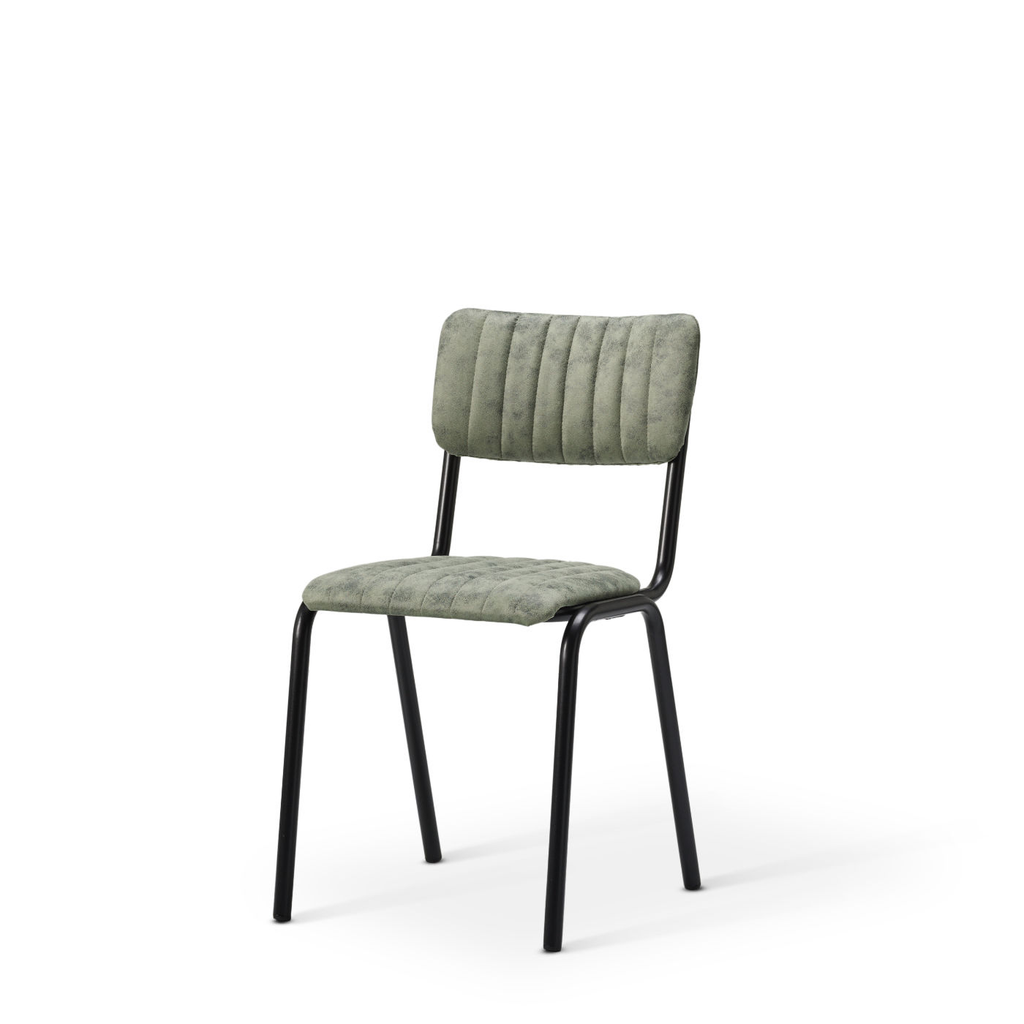 Ribbed upholstered side chair in Vintage Fern with black metal frame
