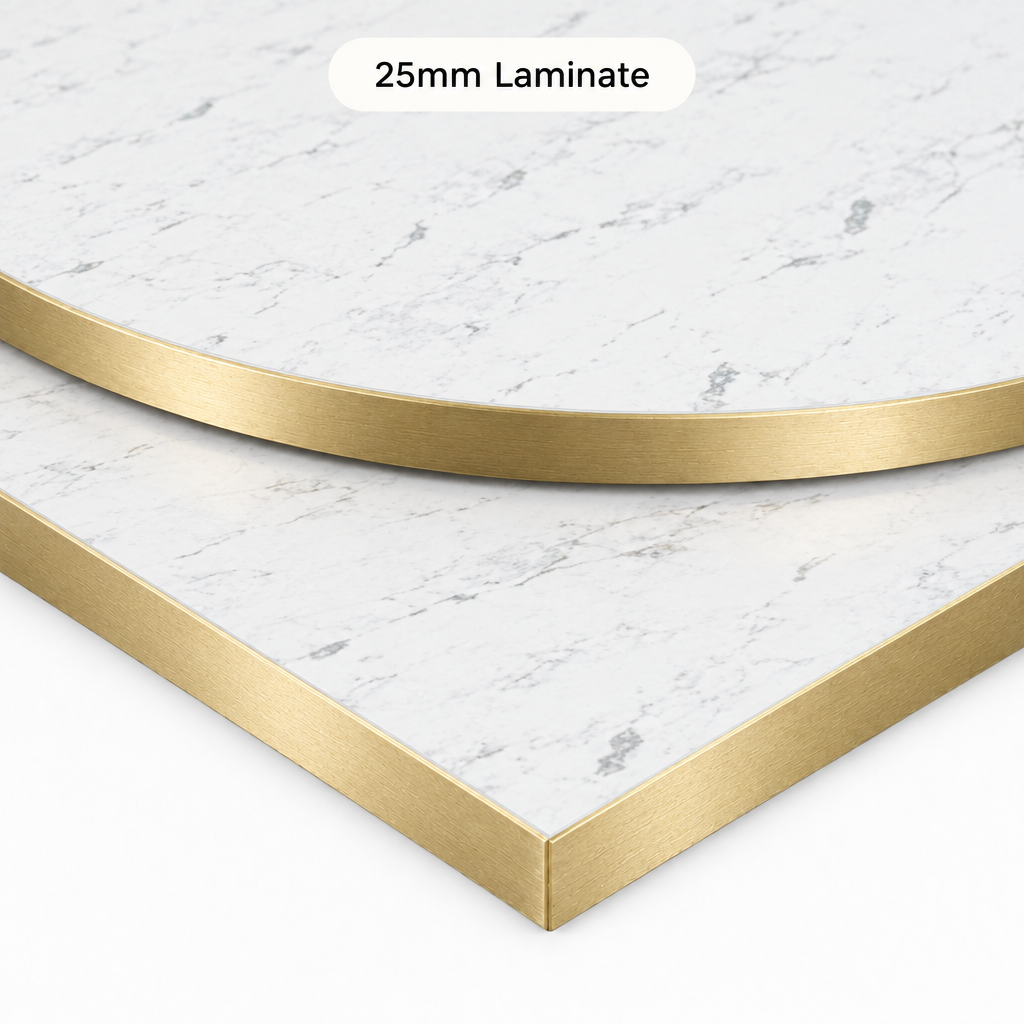 White Marble Effect 25mm Laminate Table Top – Gold Edge - Restaurant Table & Chairs Direct